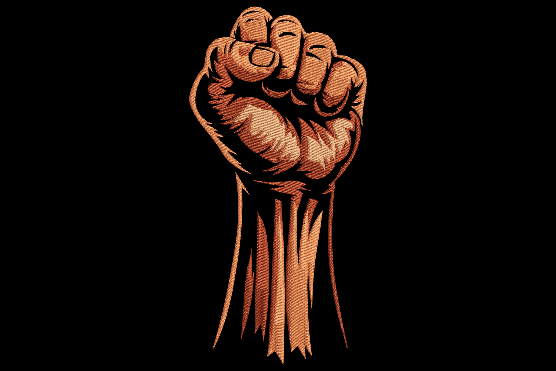 Raised fist embroidery design in brown and tan tones with sketchy knuckle lines and a torn sleeve cuff trailing below.