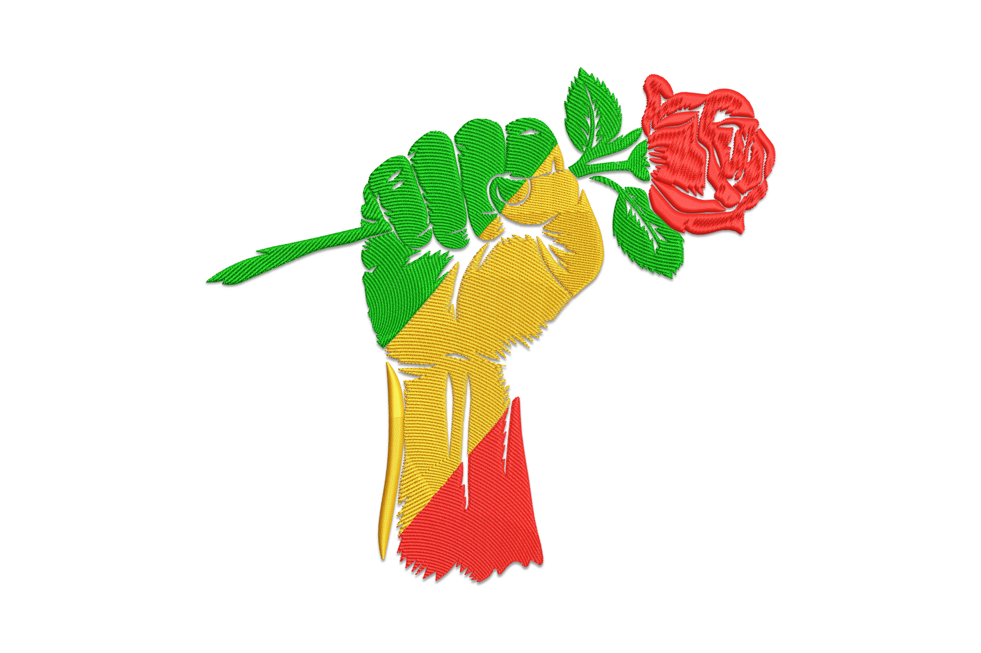 Raised fist holding a red rose embroidery design in dark green, amber gold and crimson red pan-African colours, flat graphic fills.