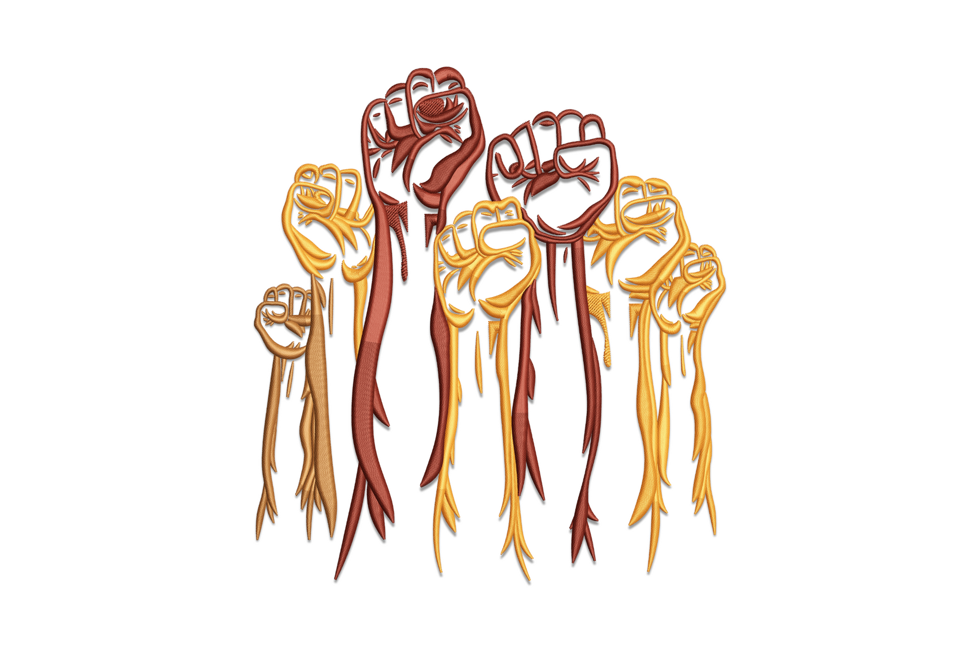Raised fist unity embroidery design in 3 colours with bold directional fill, 5 sizes from 3.51 to 7.51 inches, solidarity and empowerment motif