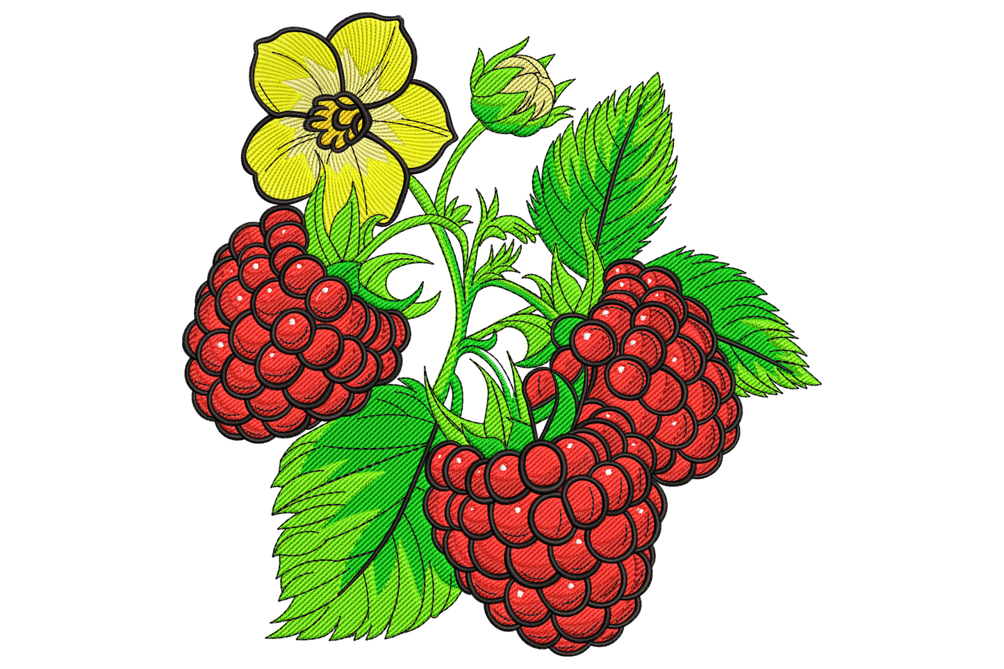 Raspberry berries embroidery cluster with three ripe red berries, yellow blossom, small unripe bud and green serrated leaves.
