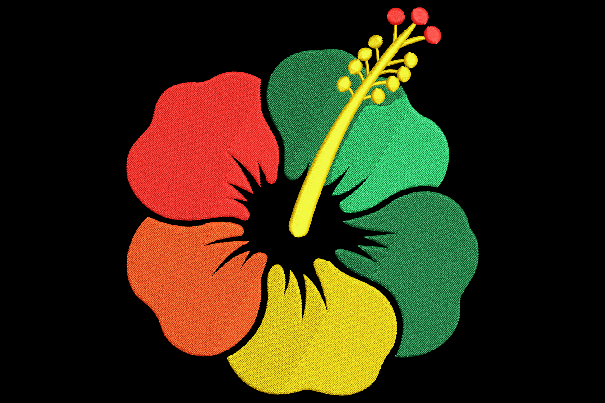 Rasta hibiscus flower embroidery, 5 petals in red, dark green, golden yellow and sage, prominent stamen column with red berry tips at centre.