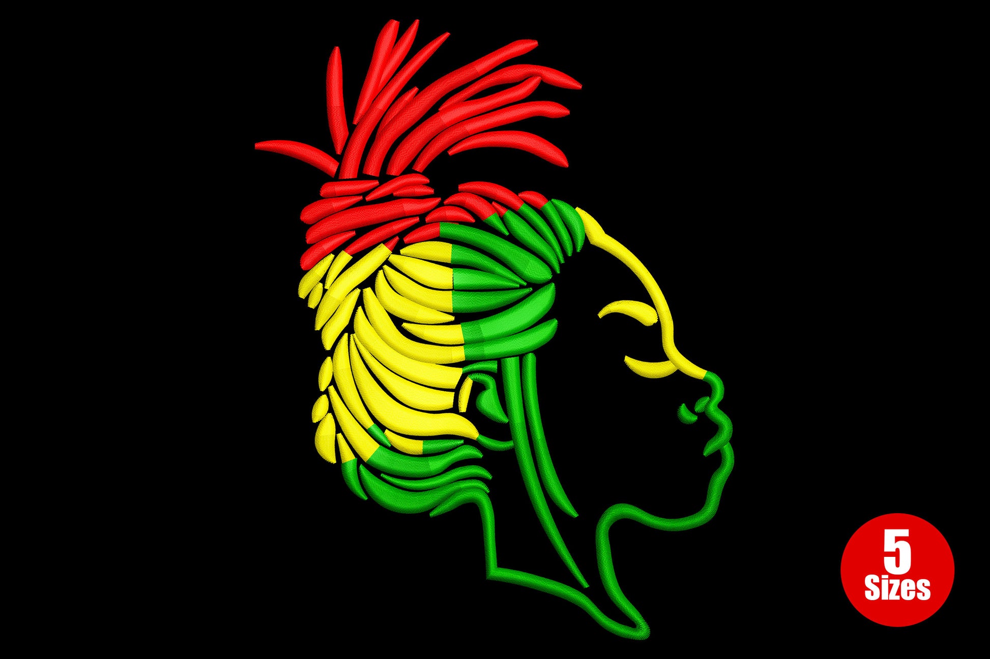 Rasta woman profile embroidery, side portrait with flowing red yellow green dreadlocks on clean silhouette.