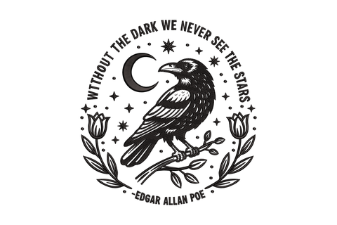 Black and white illustration of a crow with flowers and a moon, featuring an Edgar Allan Poe quote.