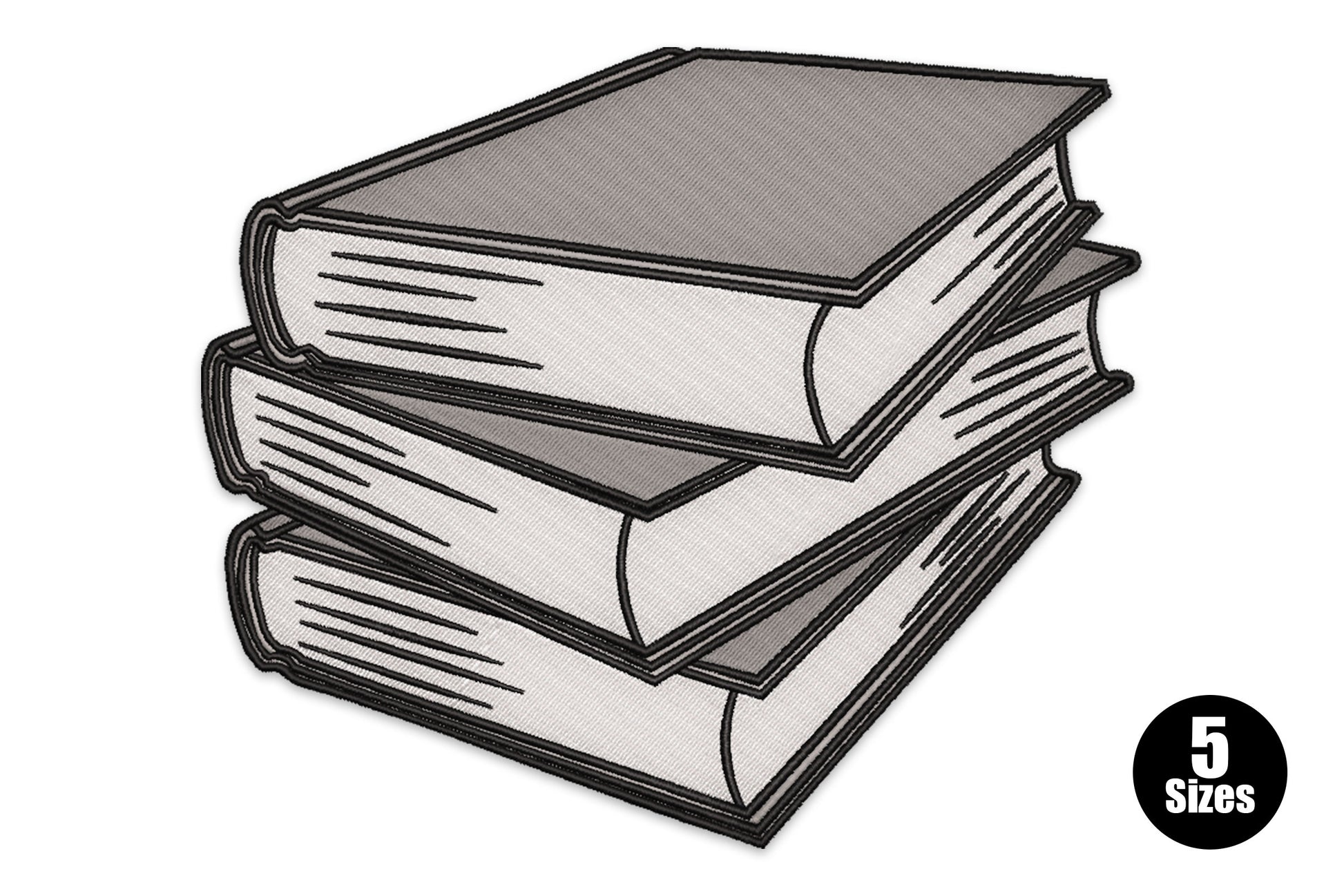 Three stacked hardcover books embroidery design in 3/4 view with grey covers, white page edges and solid black outlines.