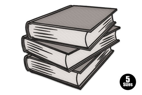 Three stacked hardcover books embroidery design in 3/4 view with grey covers, white page edges and solid black outlines.