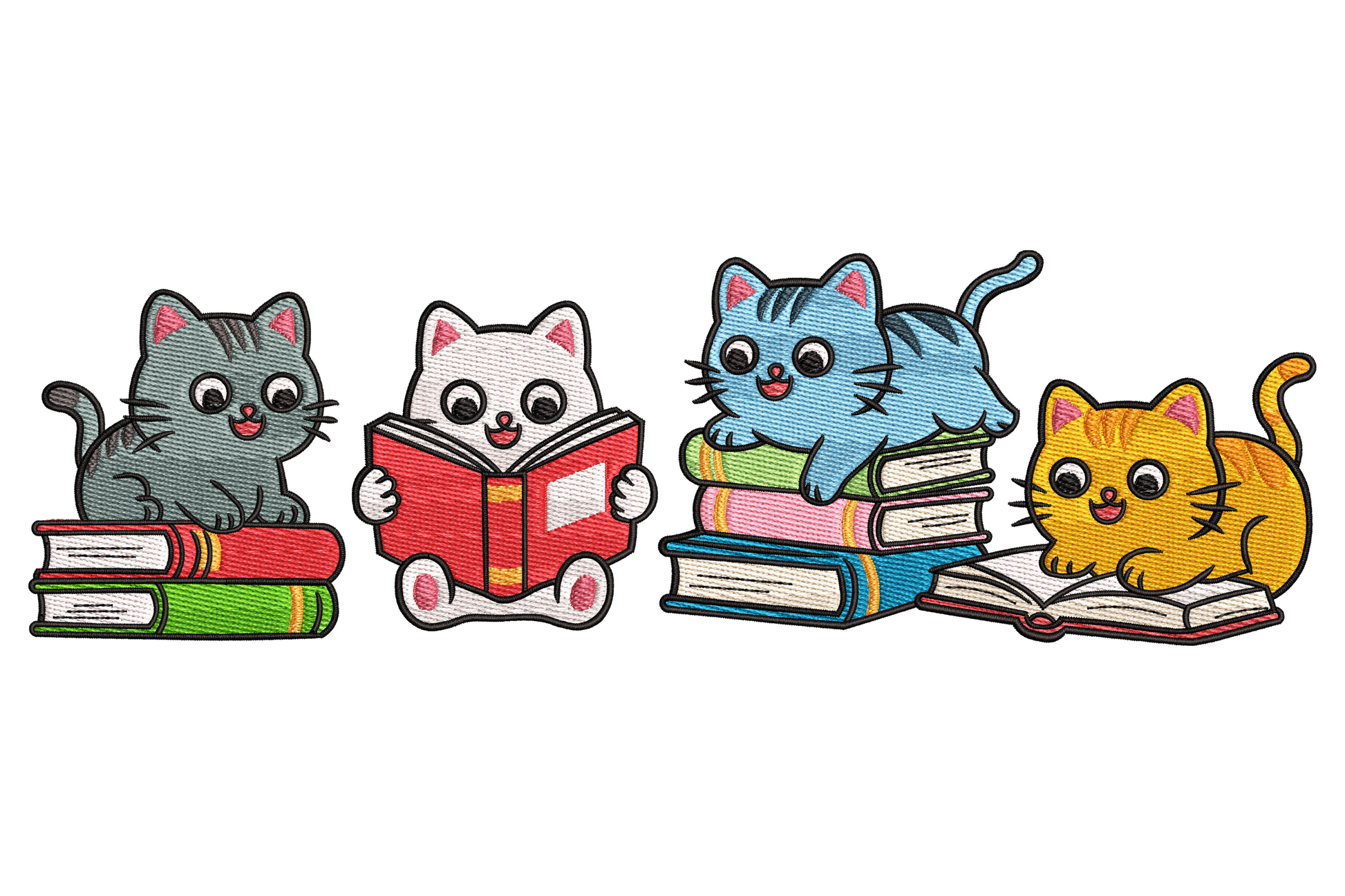Four cartoon cats embroidery design reading and lounging across a row of stacked colourful books in cosy banner style.