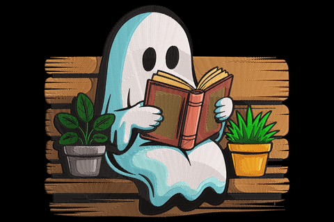Reading Ghost embroidery design, cute cartoon ghost holding open book, nineteen-colour highly detailed stitch, 3.5 by 3.03 inch Halloween bookish character.