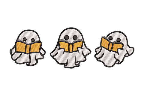 Three chubby white cartoon ghosts standing side by side, each holding an open golden-yellow book with both arms, round dot eyes, cute Halloween embroidery design.