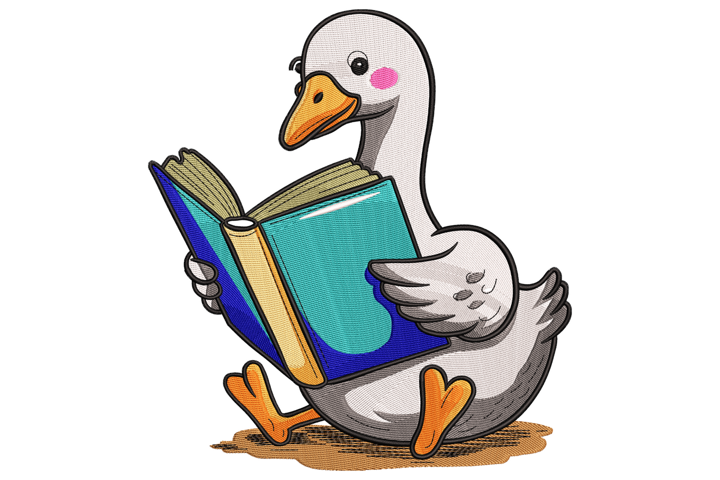 Kawaii white goose walking and reading an open book embroidery design with pink blush cheeks and orange feet