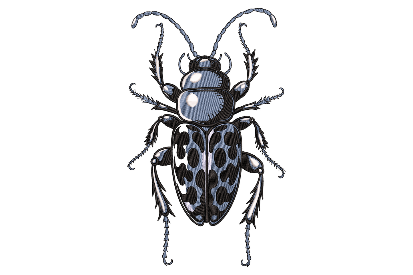 Realistic beetle insect embroidery viewed top-down with intricate legs, antennae and a spotted blue-black wing case shell.