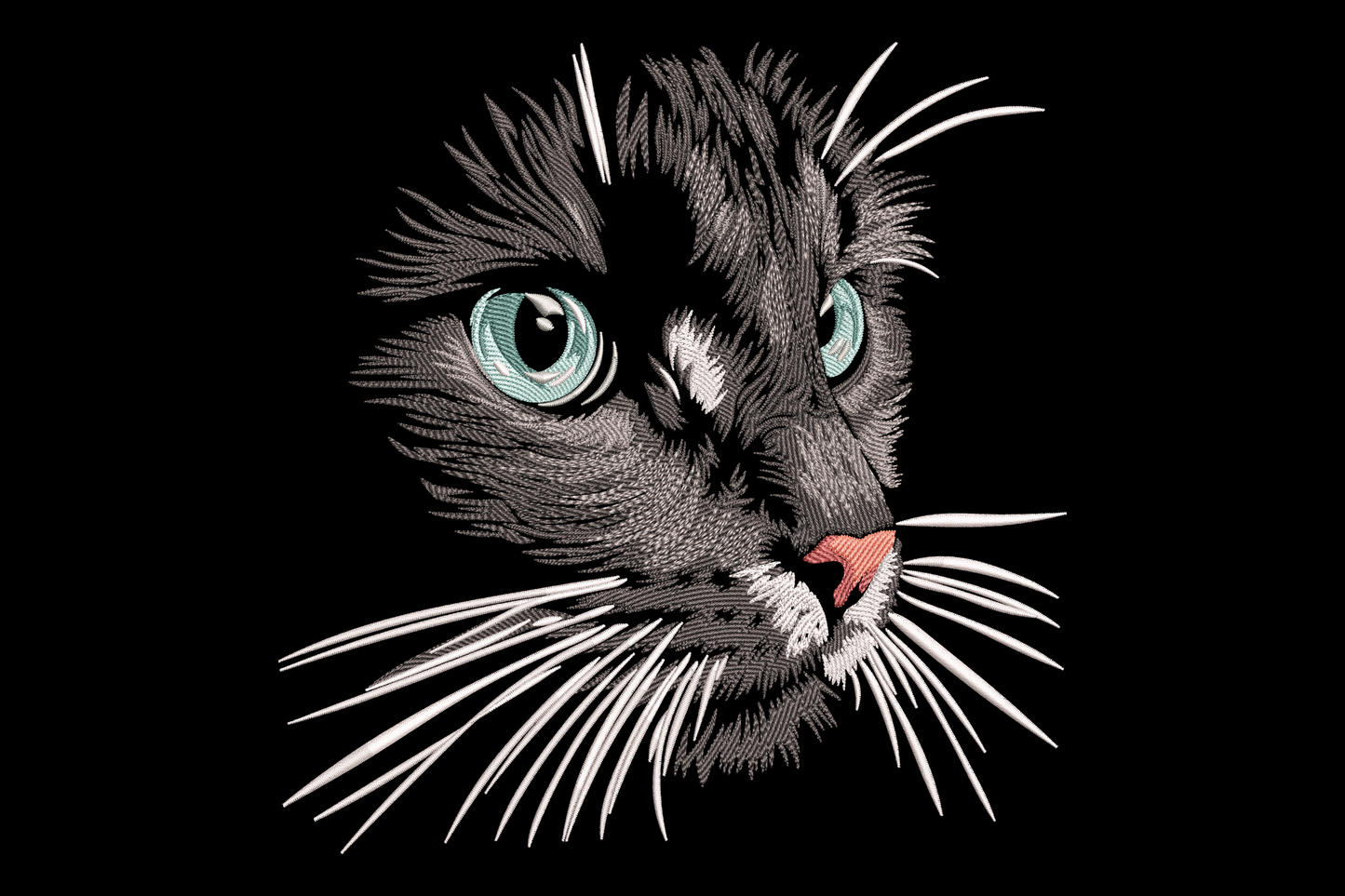 Realistic black cat face embroidery design with directional fur stitching, bright green eyes, white whisker base, and pink nose, close portrait view on white background.