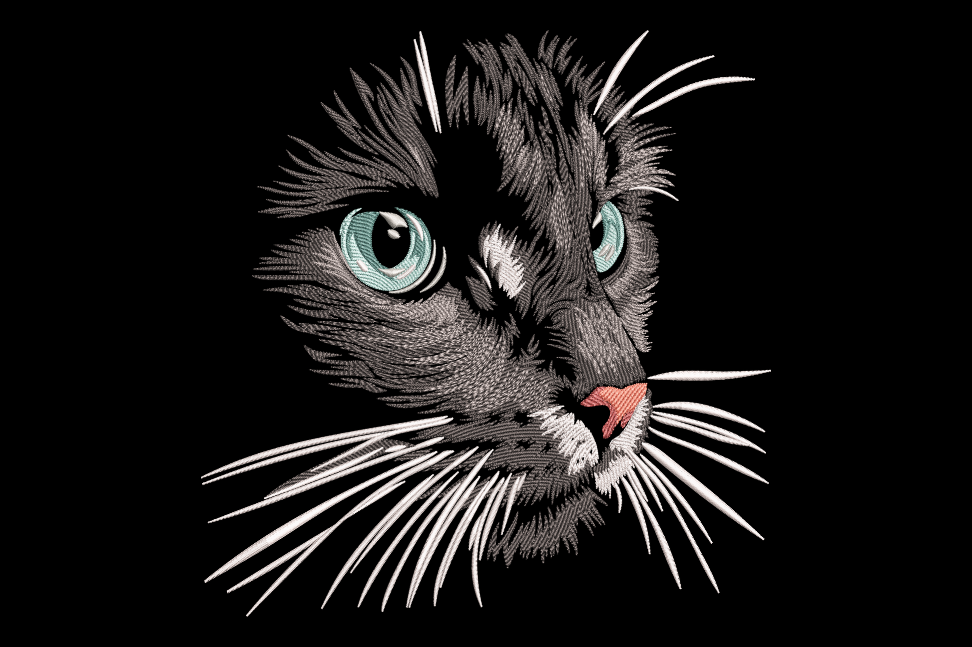 Realistic black cat face embroidery design with directional fur stitching, bright green eyes, white whisker base, and pink nose, close portrait view on white background.