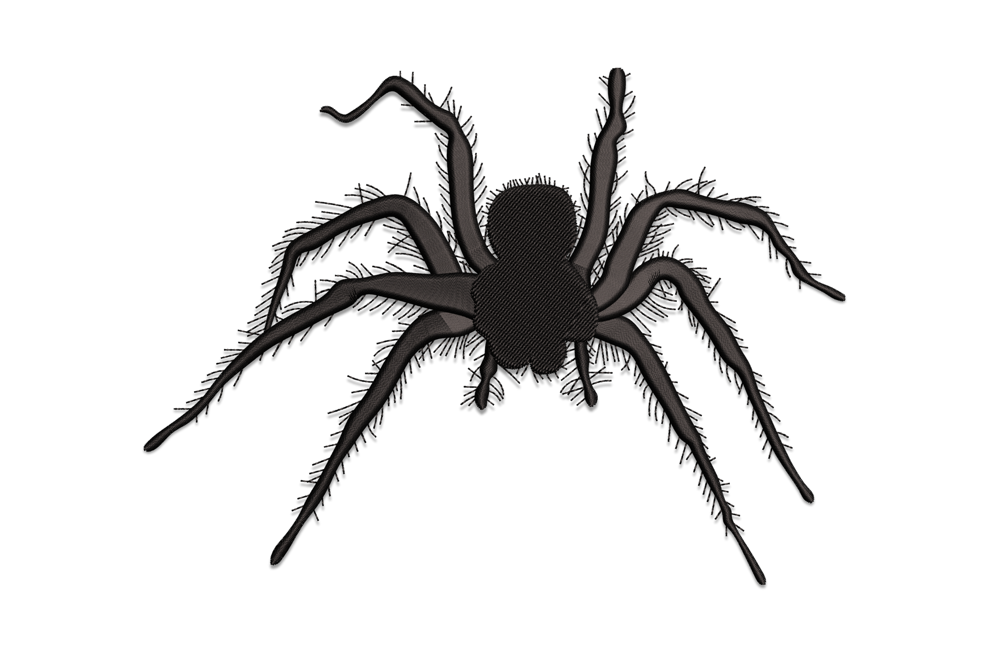 Realistic solid black spider with hairy directional legs, tarantula style, machine embroidery design on white background