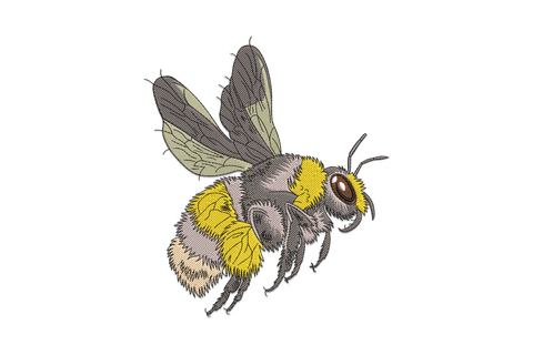 Realistic bumble bee embroidery design with 8 thread colours including yellow, black, peach and sage green wings, on white background.