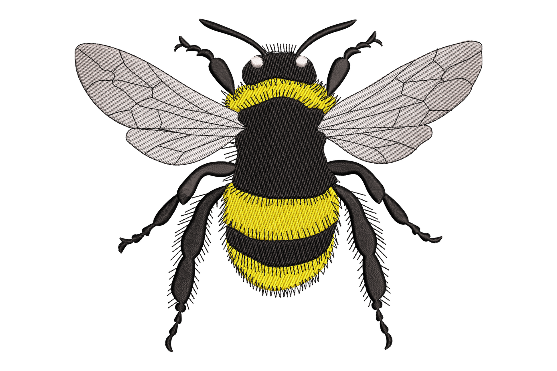 Realistic bumble bee embroidery design, top-down view with spread wings, yellow and black striped abdomen and grey wing vein detail.