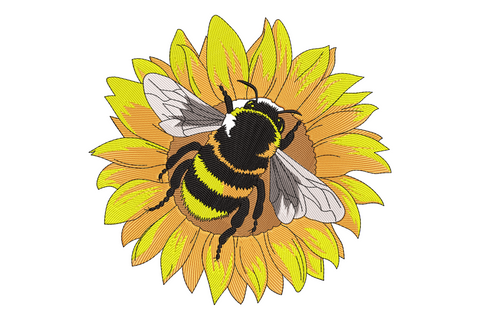 Realistic bumblebee embroidery on a golden sunflower, wings spread, warm yellow petals with orange base shading.