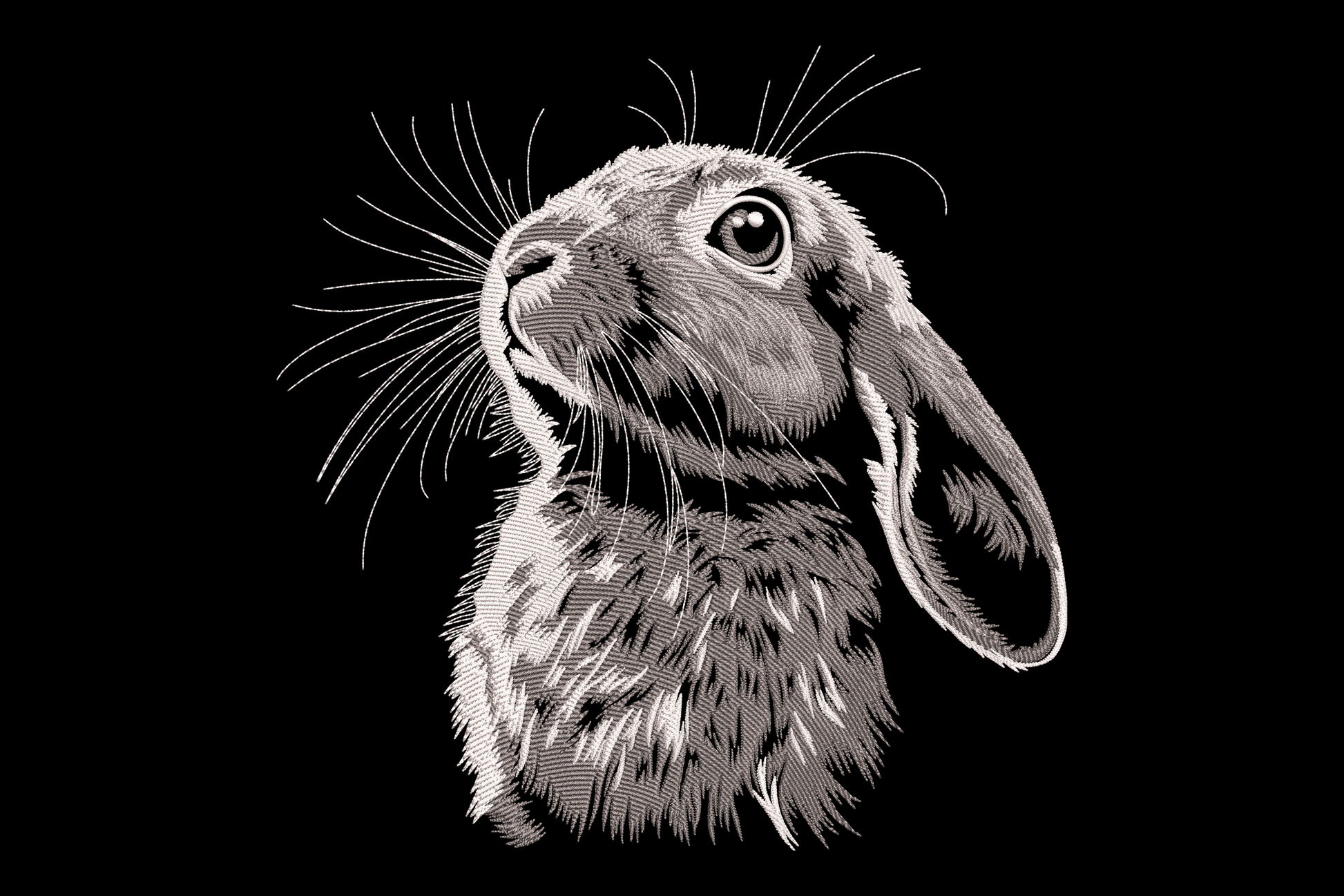 Realistic bunny embroidery design, detailed charcoal and white rabbit portrait with directional fur stitching and fine whisker lines.