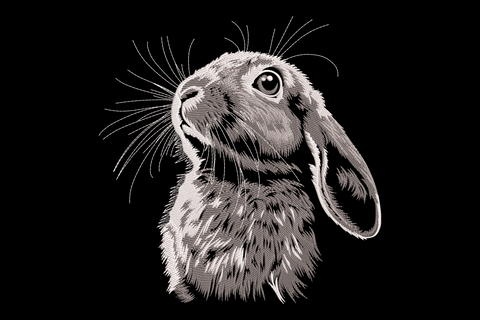 Realistic bunny embroidery design, detailed charcoal and white rabbit portrait with directional fur stitching and fine whisker lines.