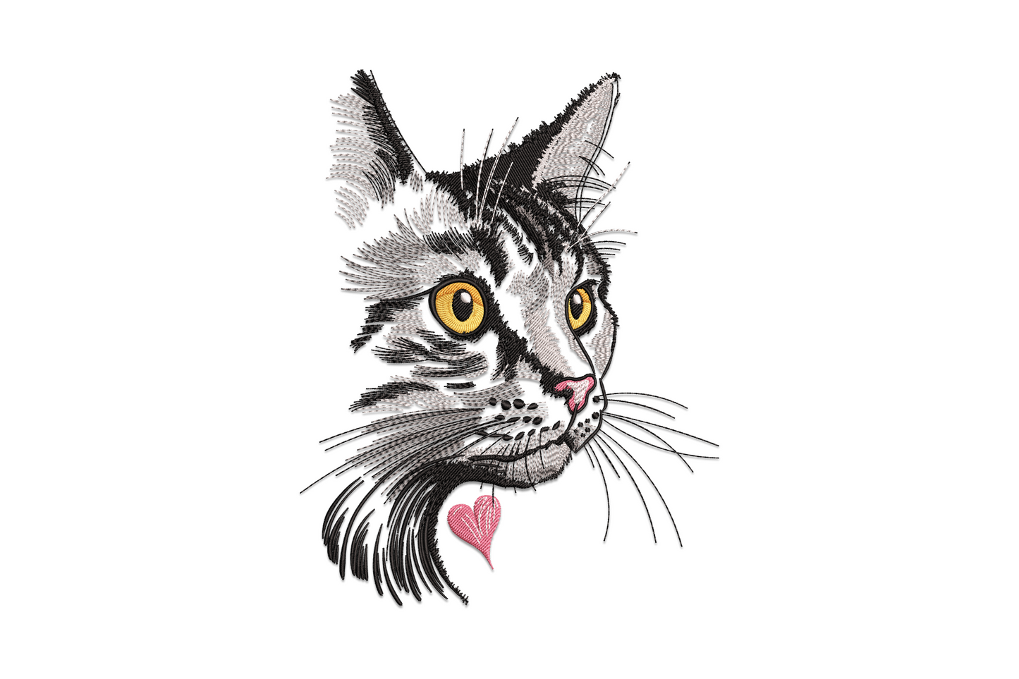Realistic cat face embroidery design with sketchy tabby fur, amber eyes, white whiskers and small pink heart detail, 7 colour machine embroidery.