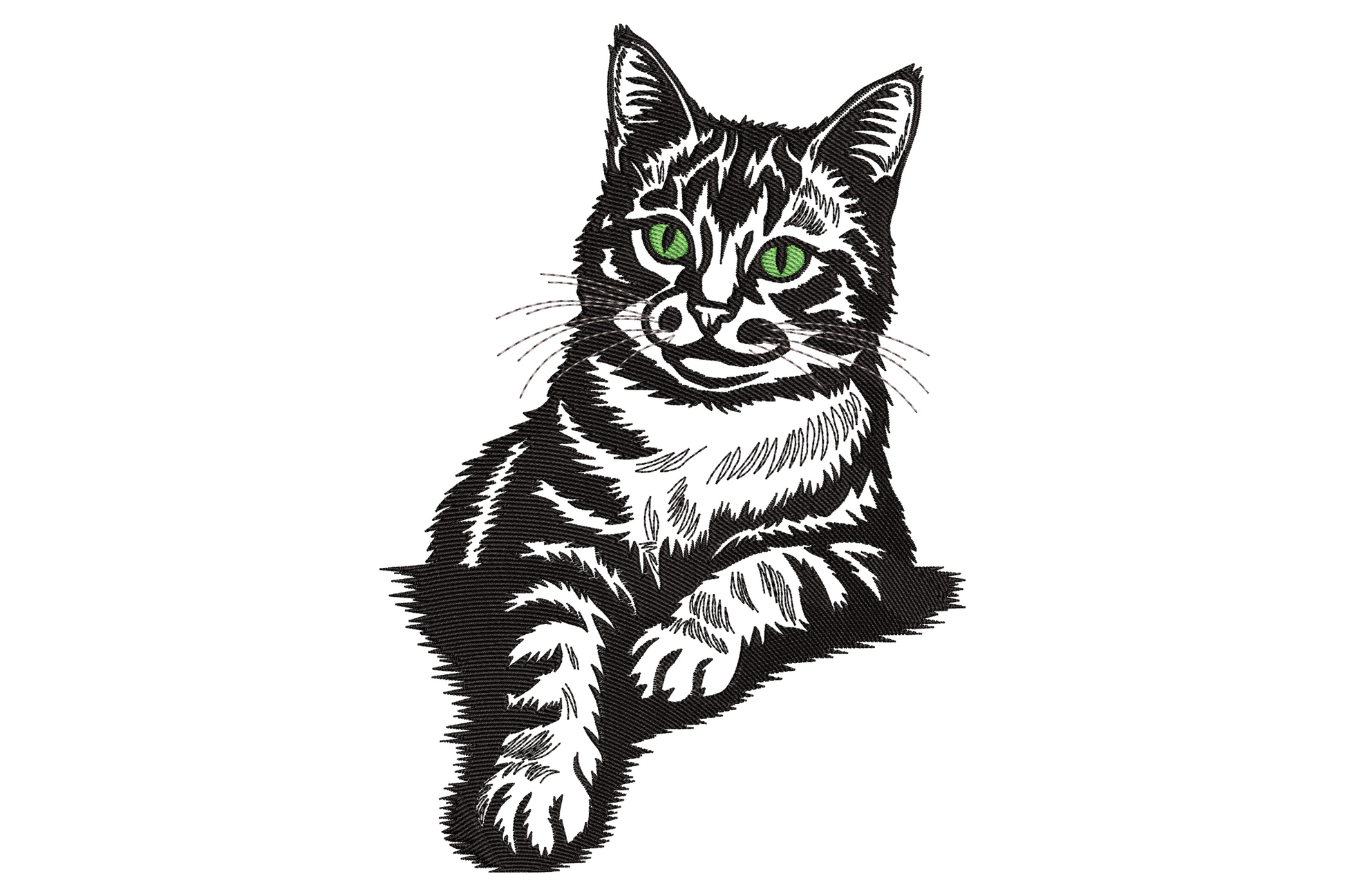 Realistic tabby cat portrait embroidery with bright green eyes and dense black fur shading