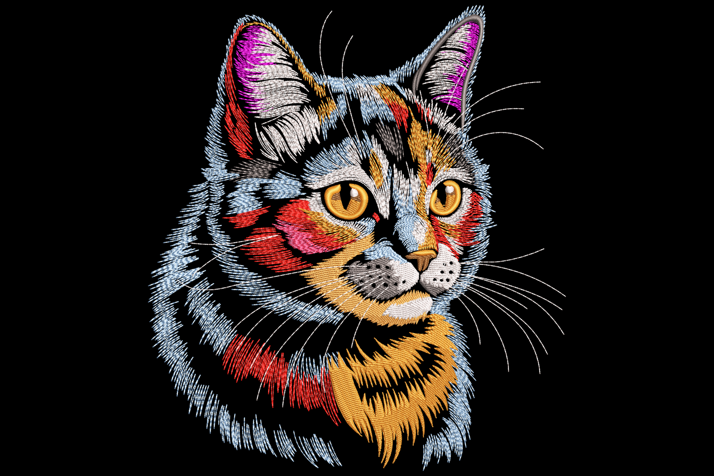 Realistic tabby cat portrait embroidery with green eyes, orange brown stripes on fur, pink nose and white chest in photo painted detail style.