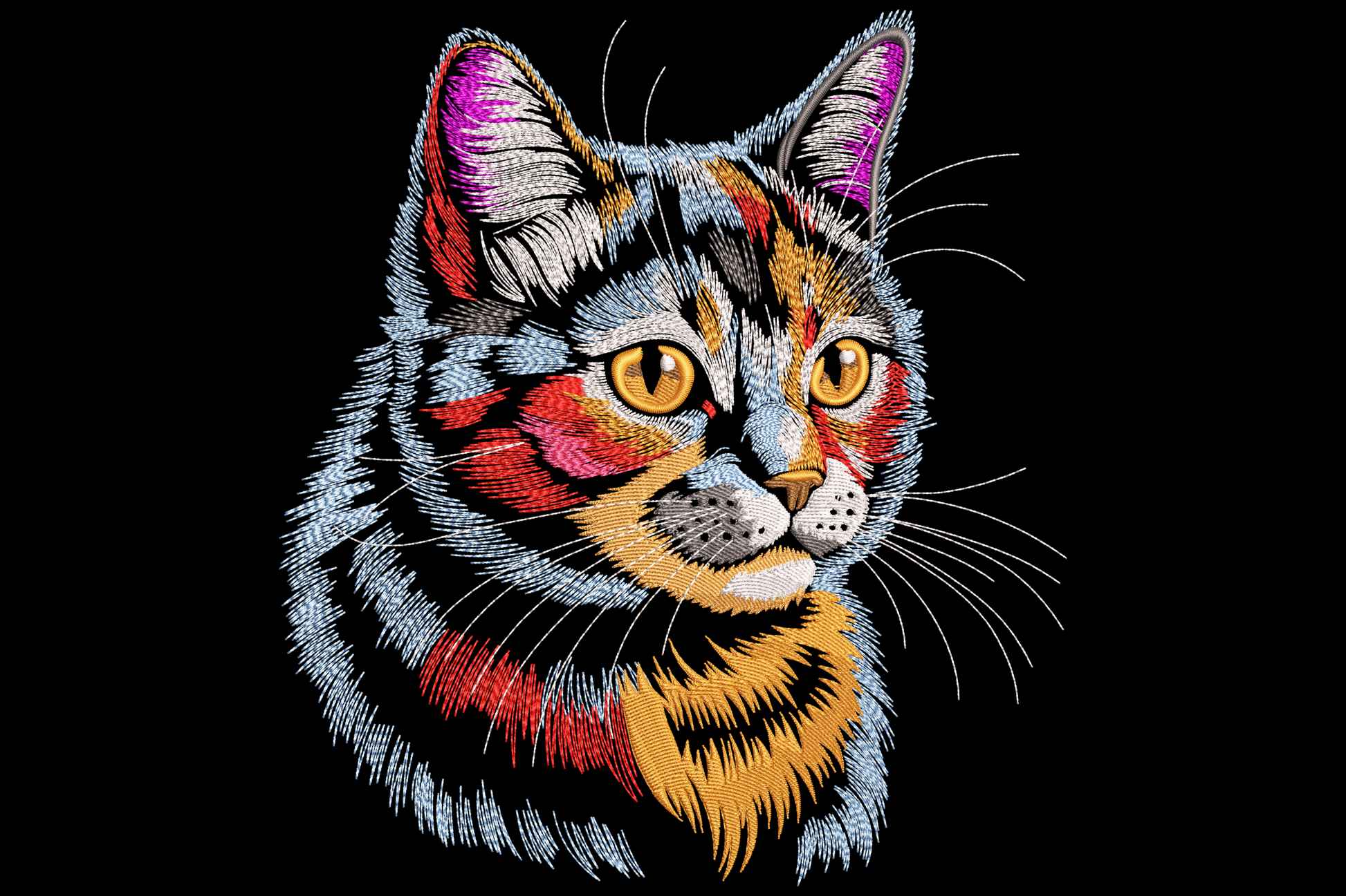 Realistic tabby cat portrait embroidery with green eyes, orange brown stripes on fur, pink nose and white chest in photo painted detail style.