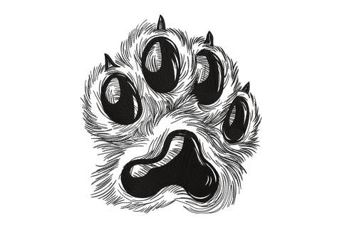 Realistic dog paw print embroidery design with fur texture, directional stitching and claw tips in black