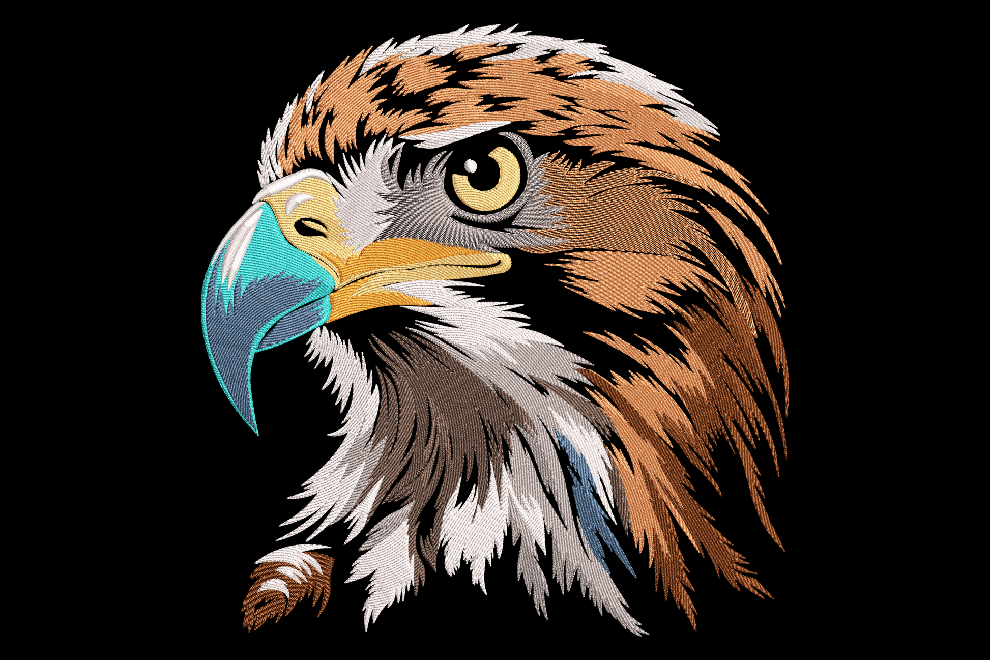 Realistic eagle head machine embroidery, 9 colours, feather shading in brown orange and grey with flowing neck feathers