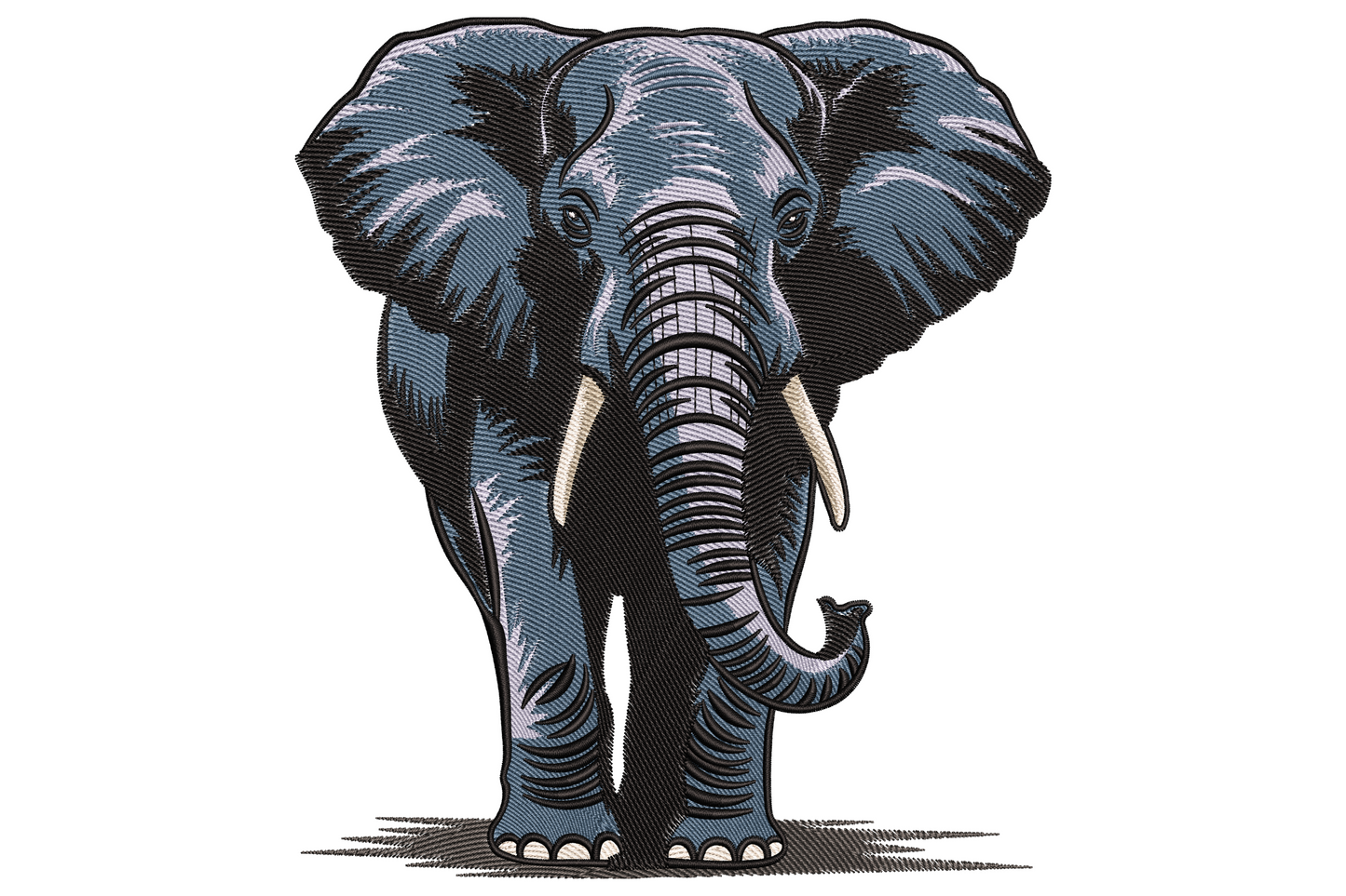 Embroidered front-facing realistic elephant with tusks, spread ears, curled trunk and cross-hatched grey shading