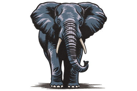Embroidered front-facing realistic elephant with tusks, spread ears, curled trunk and cross-hatched grey shading