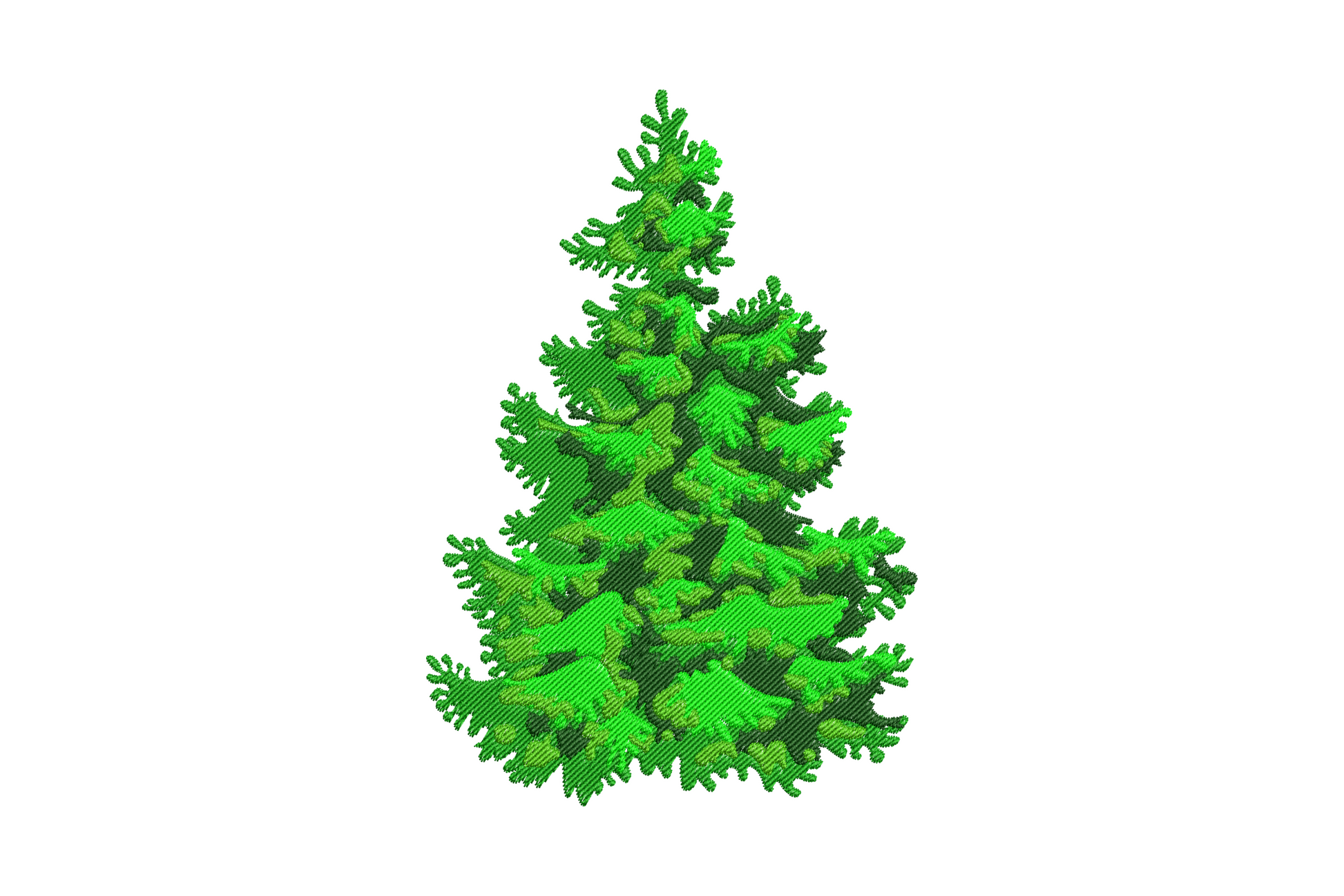 Realistic evergreen pine tree embroidery with dense directional fill in four shades of green on white background