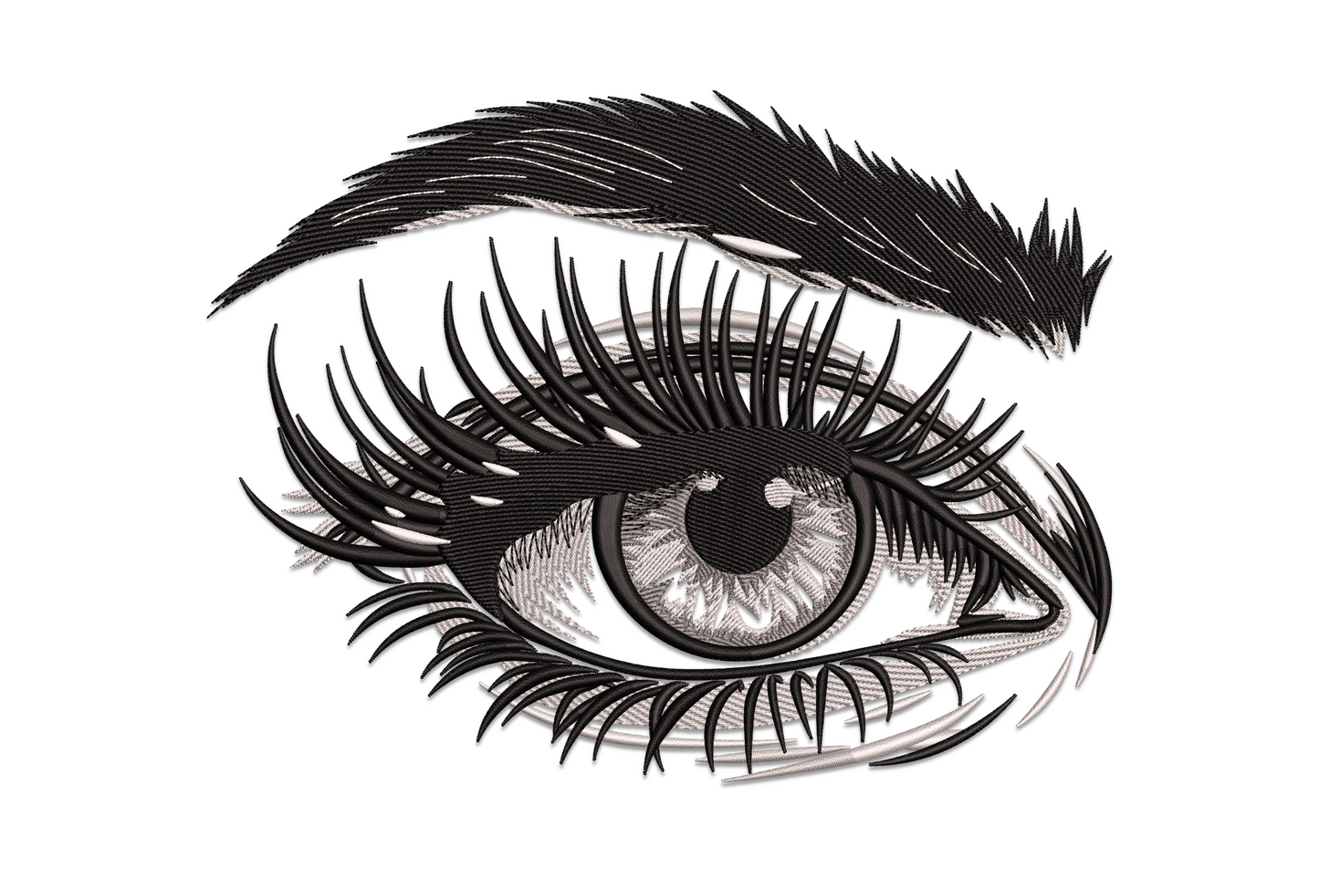 Realistic human eye embroidery with detailed iris, dark pupil, and thick lash lines in amber-brown and black