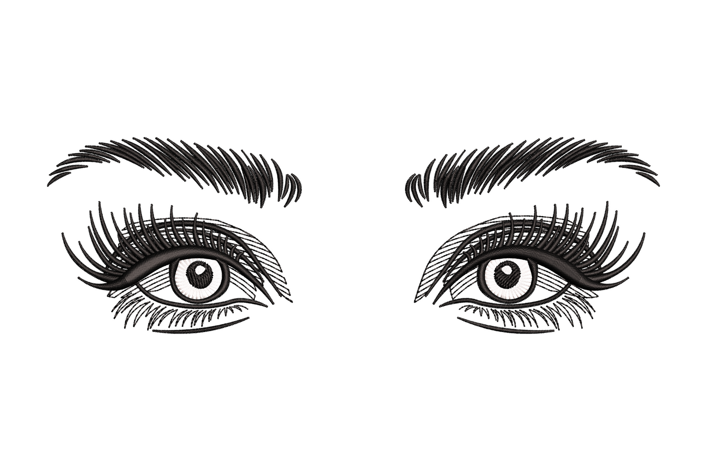 Realistic eyes embroidery design with lashes and brow, 2 colours, 5 sizes 1.13 to 2.41 inches wide, fashion beauty style