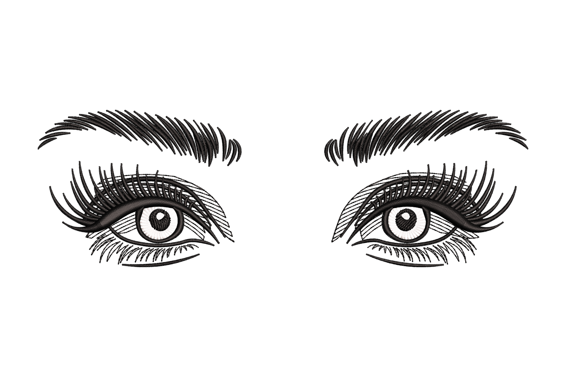 Realistic eyes embroidery design with lashes and brow, 2 colours, 5 sizes 1.13 to 2.41 inches wide, fashion beauty style