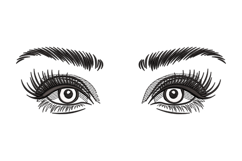 Realistic eyes embroidery design with lashes and brow, 2 colours, 5 sizes 1.13 to 2.41 inches wide, fashion beauty style