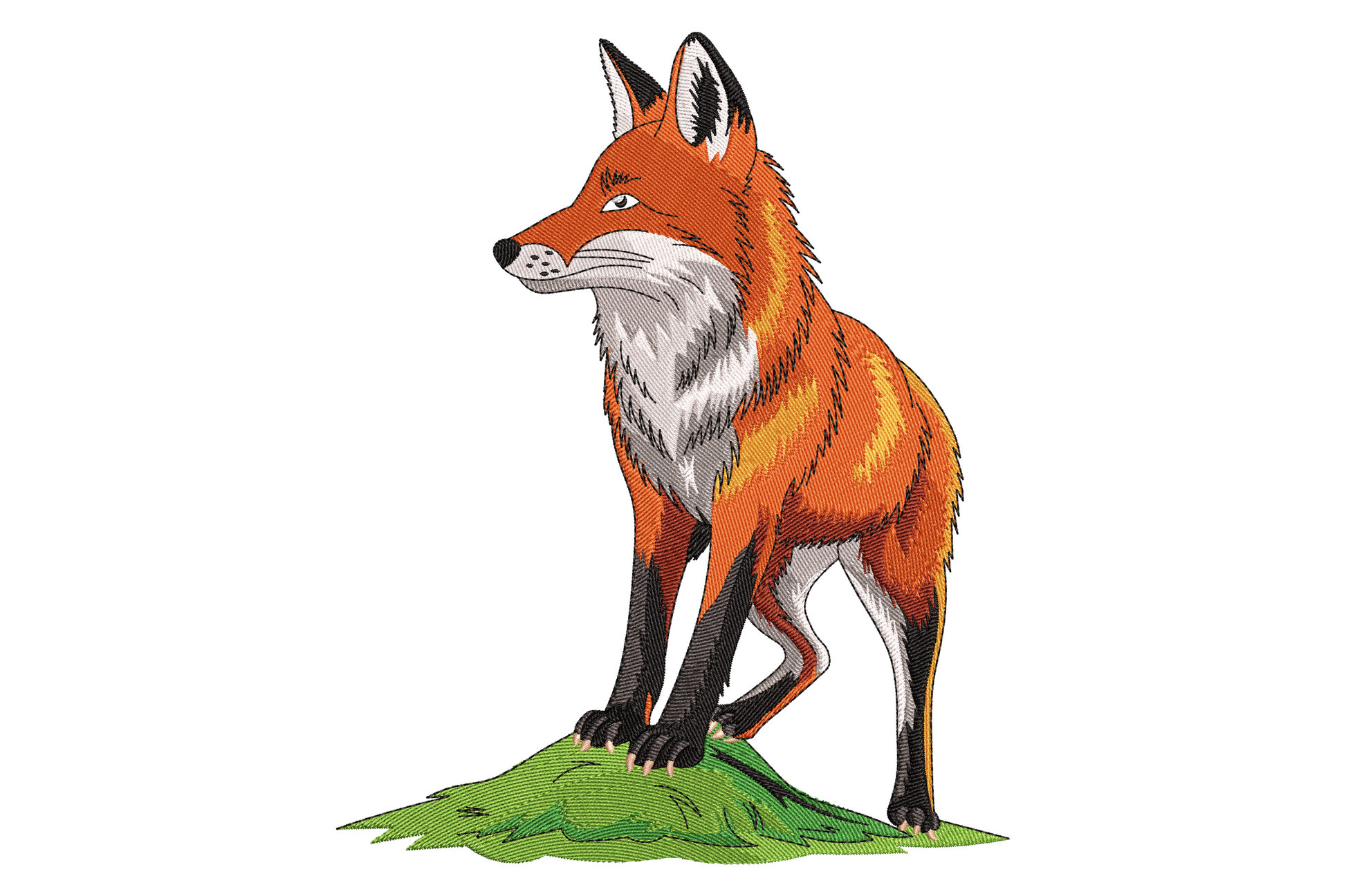 Realistic red fox embroidery standing alert on green grass, burnt orange and rust coat, grey legs, cream chest, 11-colour naturalistic style.