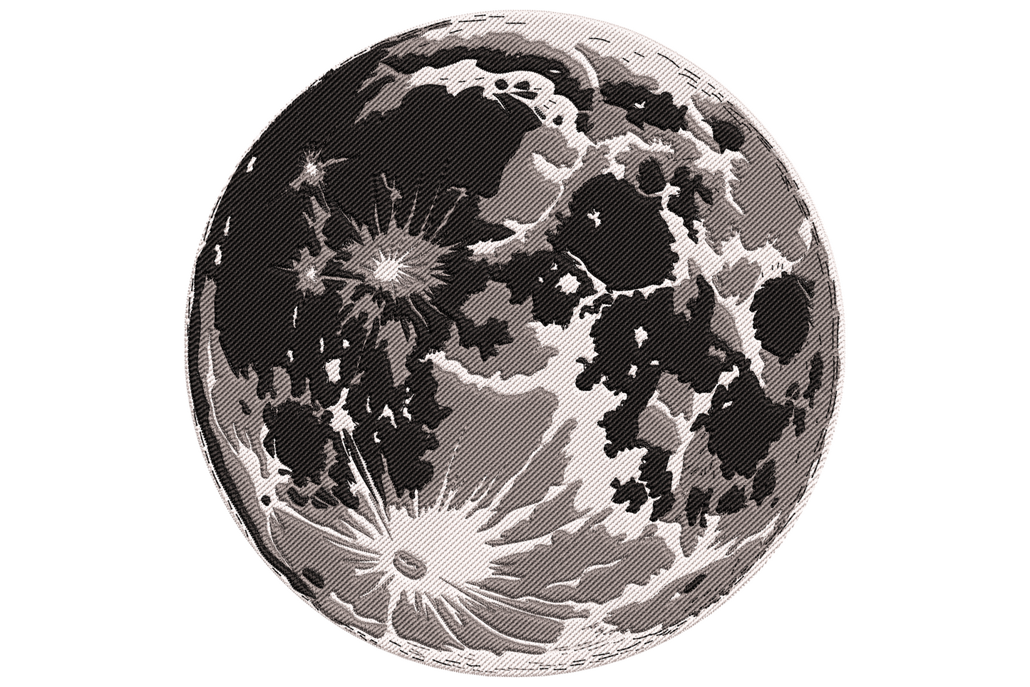 Realistic full moon embroidery design with cream white surface, dove grey shading and charcoal craters across the face.