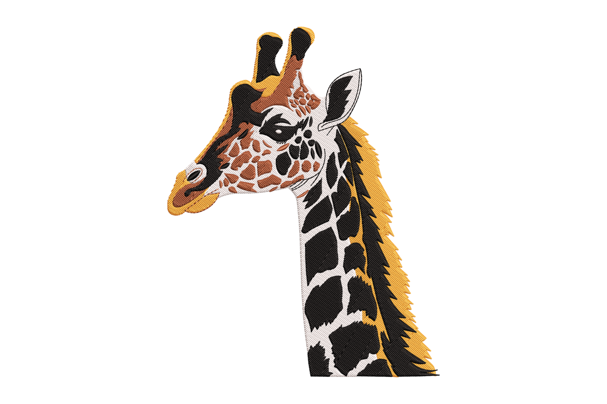 Realistic giraffe head and neck embroidery design, tan and cream coat with rust-brown patch markings, brown eyes, 5 colours, wildlife portrait style.