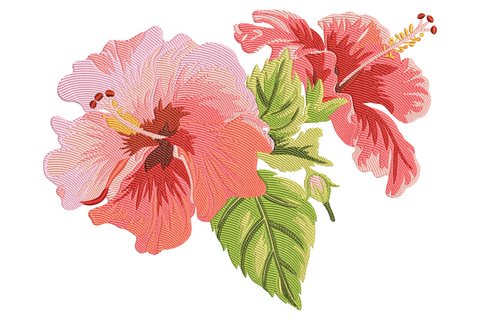Machine embroidery design of a realistic hibiscus bloom with scarlet petals, butter yellow stamen and sage green leaves, 14 colours, botanical style