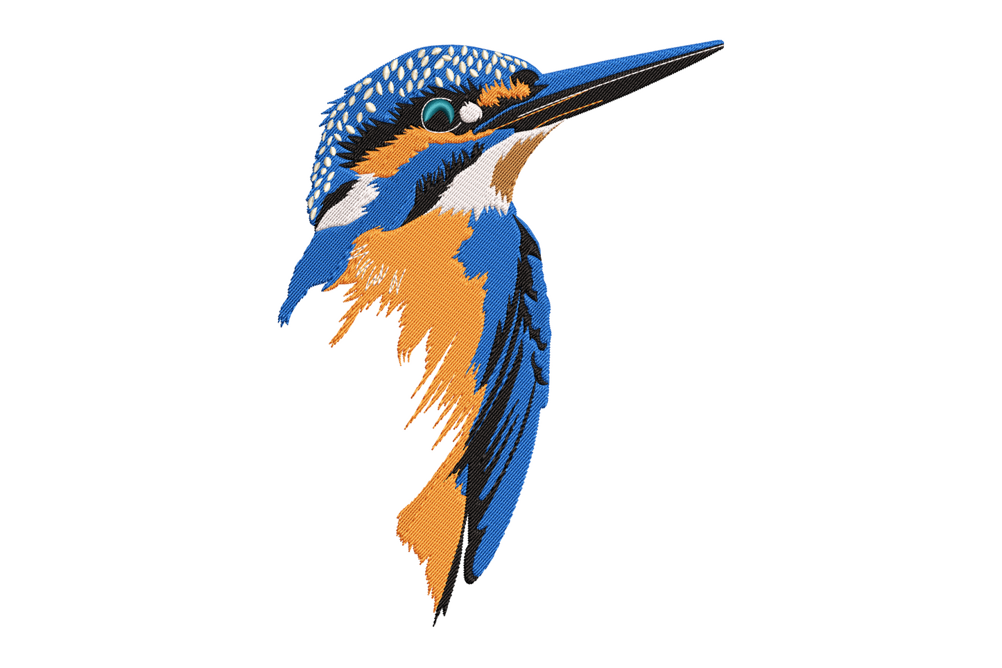 Realistic kingfisher embroidery, electric blue crown, orange chest, dagger beak, 7 colors, field guide portrait style.