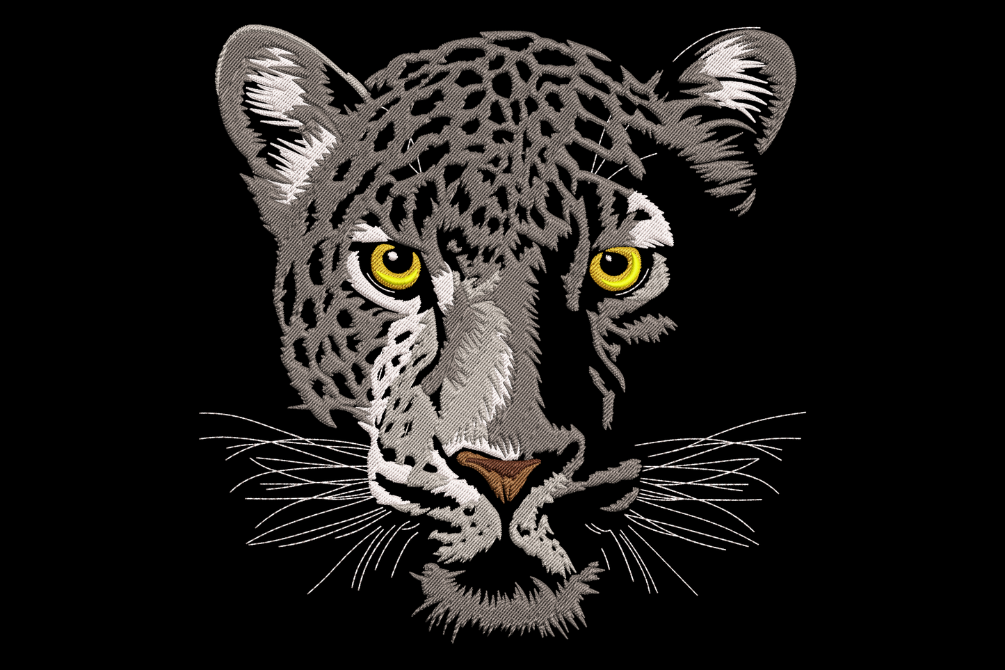 Realistic leopard face embroidery front-on with directional grey and white fur stitching, yellow eyes and fine whisker lines radiating from muzzle, machine embroidery design on white background