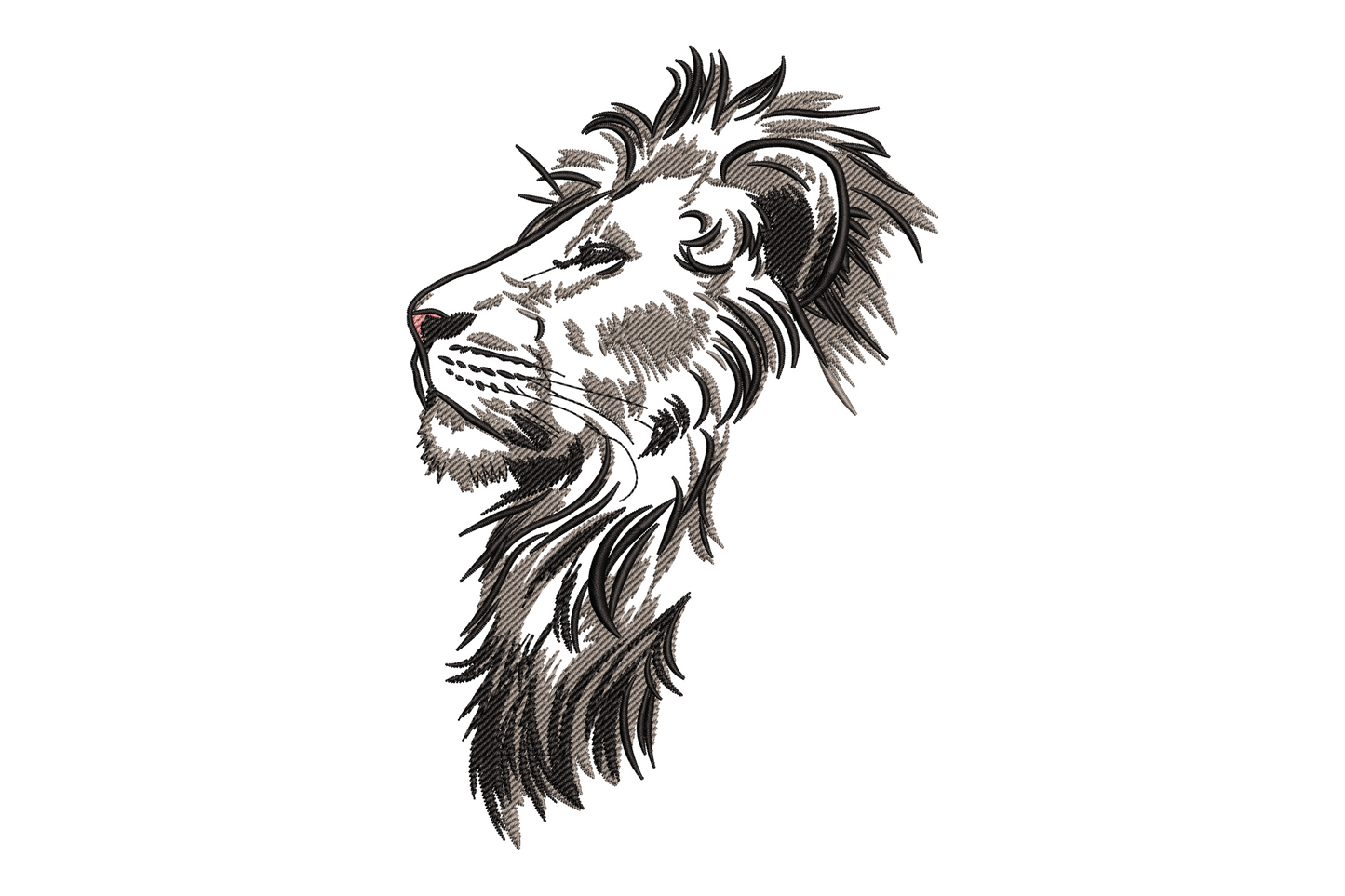 Realistic lion head embroidery design, side profile in charcoal and black, 9 sizes for jackets and caps