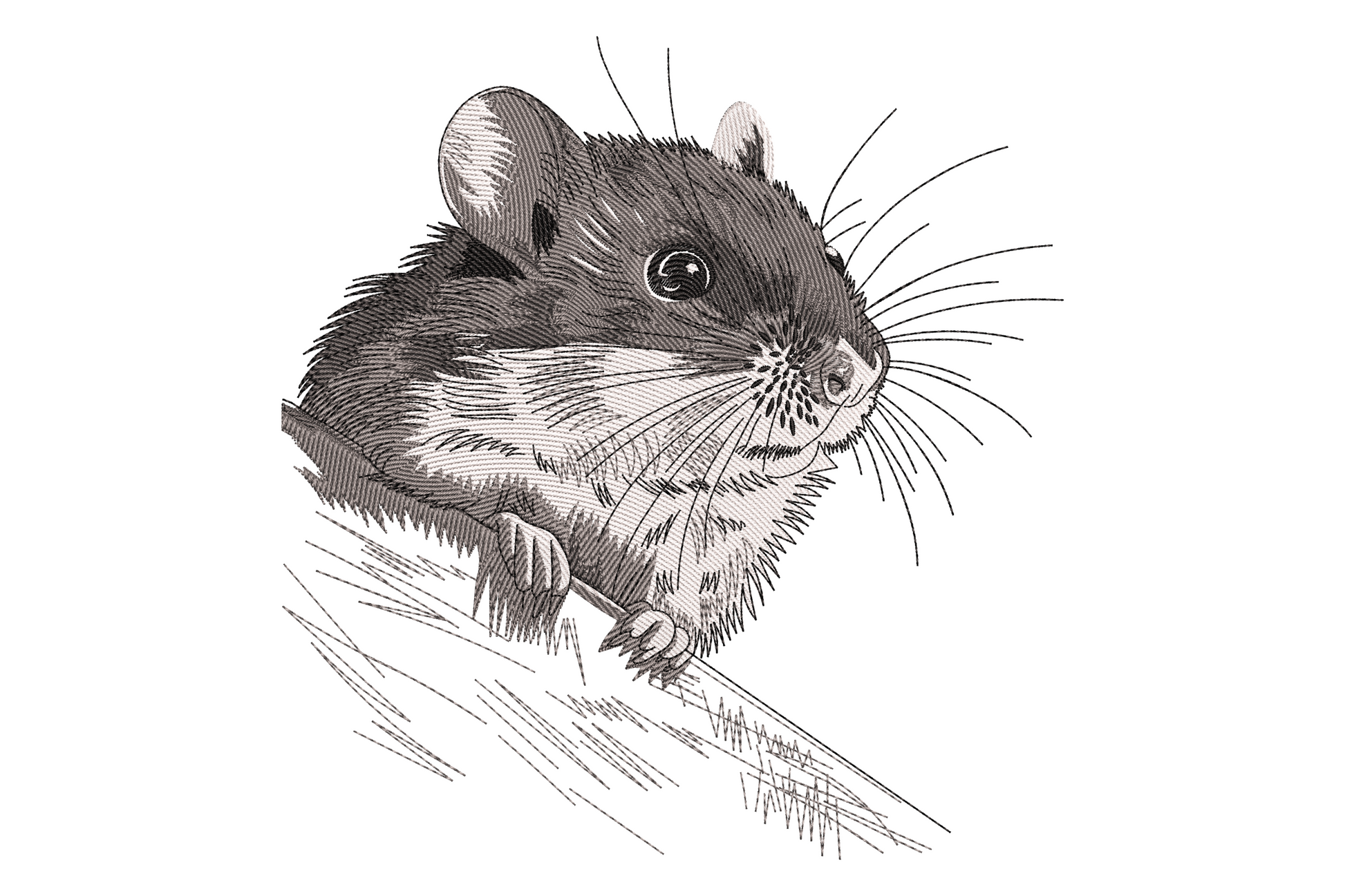 Realistic mouse embroidery in engraving style, charcoal and pale fur with long white whiskers and cross-hatch stitching.