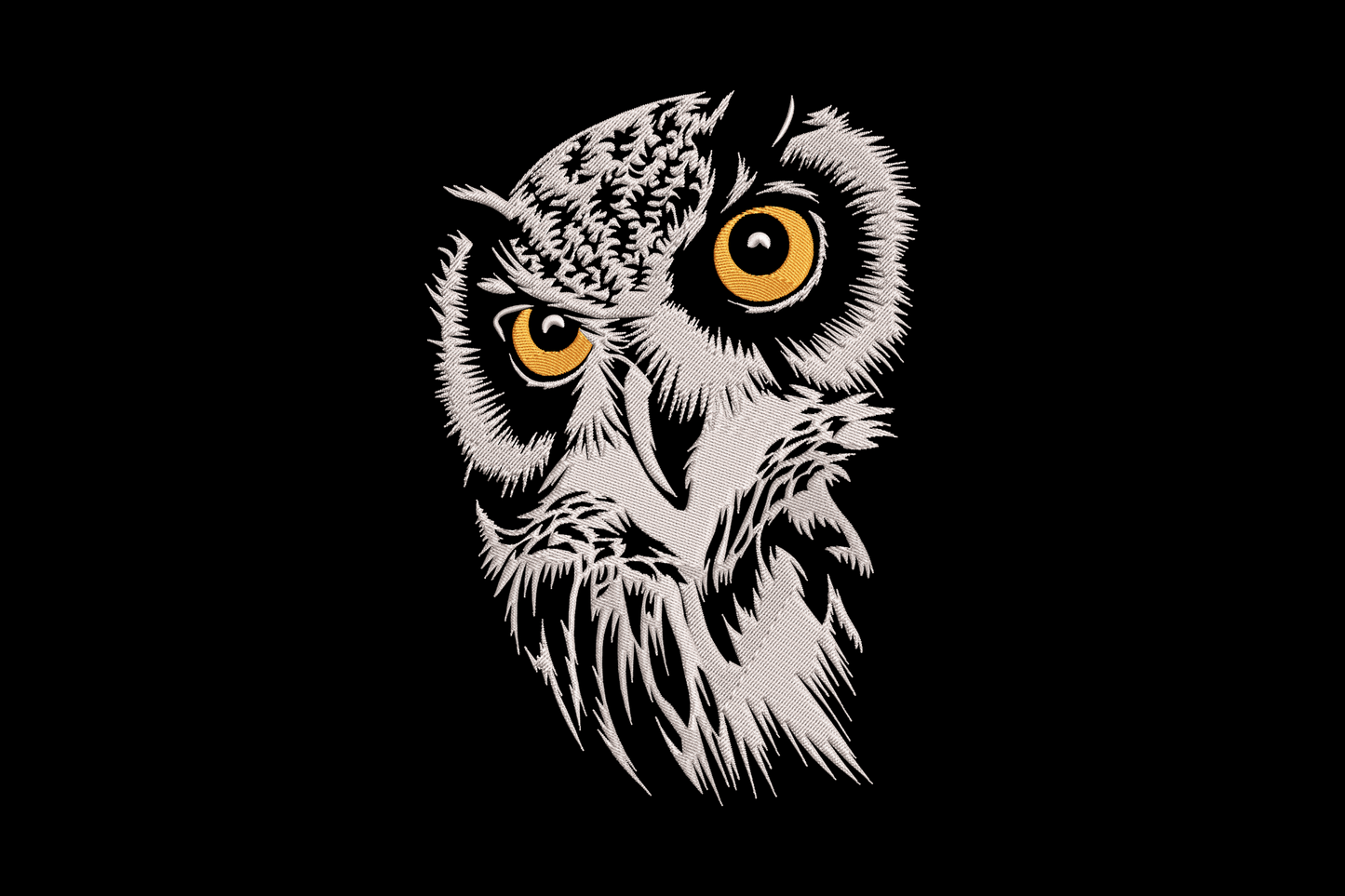 Realistic owl head embroidery design, three colour portrait with detailed feather texture and large forward-facing eyes, wildlife motif