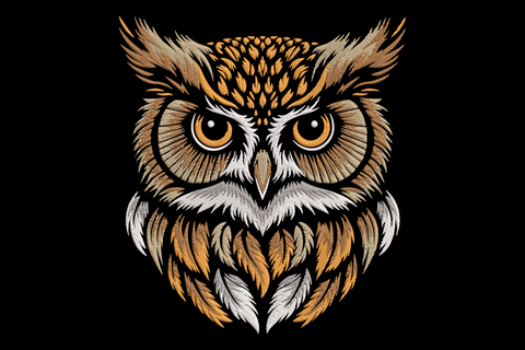 Realistic great horned owl head embroidery, amber eyes and layered feather detail, 9 sizes shown on black background.