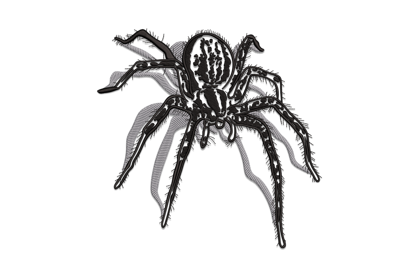Realistic two-colour patterned spider with grey and black banding on legs and patterned abdomen, machine embroidery design on white background