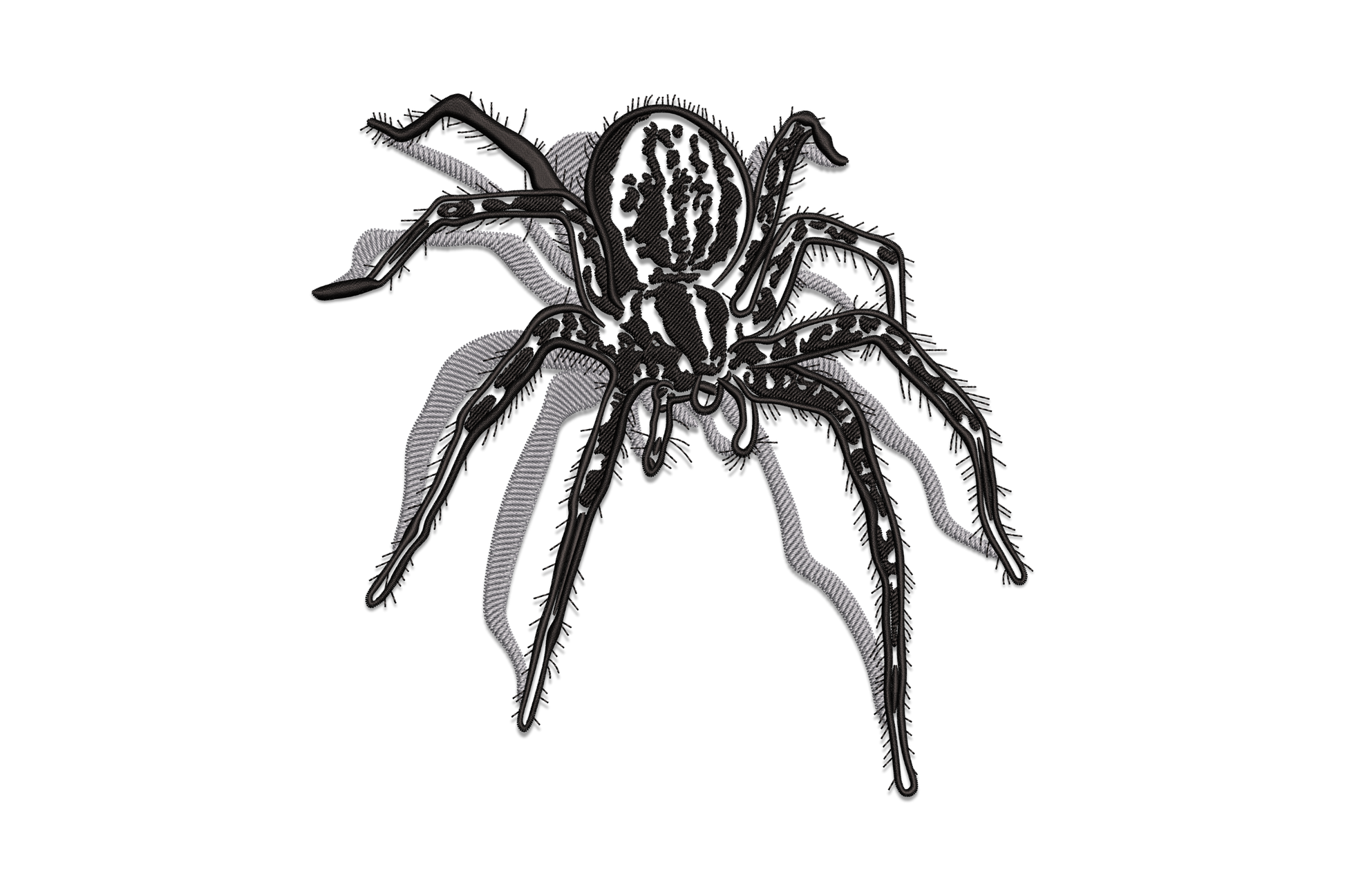 Realistic two-colour patterned spider with grey and black banding on legs and patterned abdomen, machine embroidery design on white background