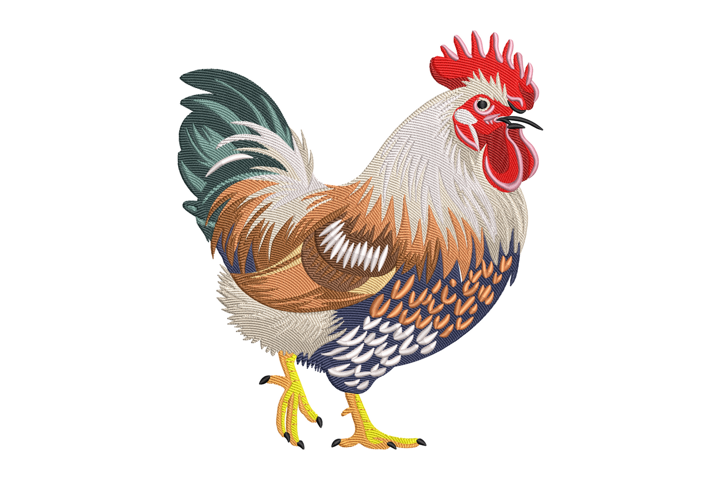 Realistic rooster embroidery design standing upright with iridescent tail feathers, 17 thread colours in rust, teal and red