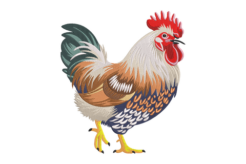 Realistic rooster embroidery design standing upright with iridescent tail feathers, 17 thread colours in rust, teal and red