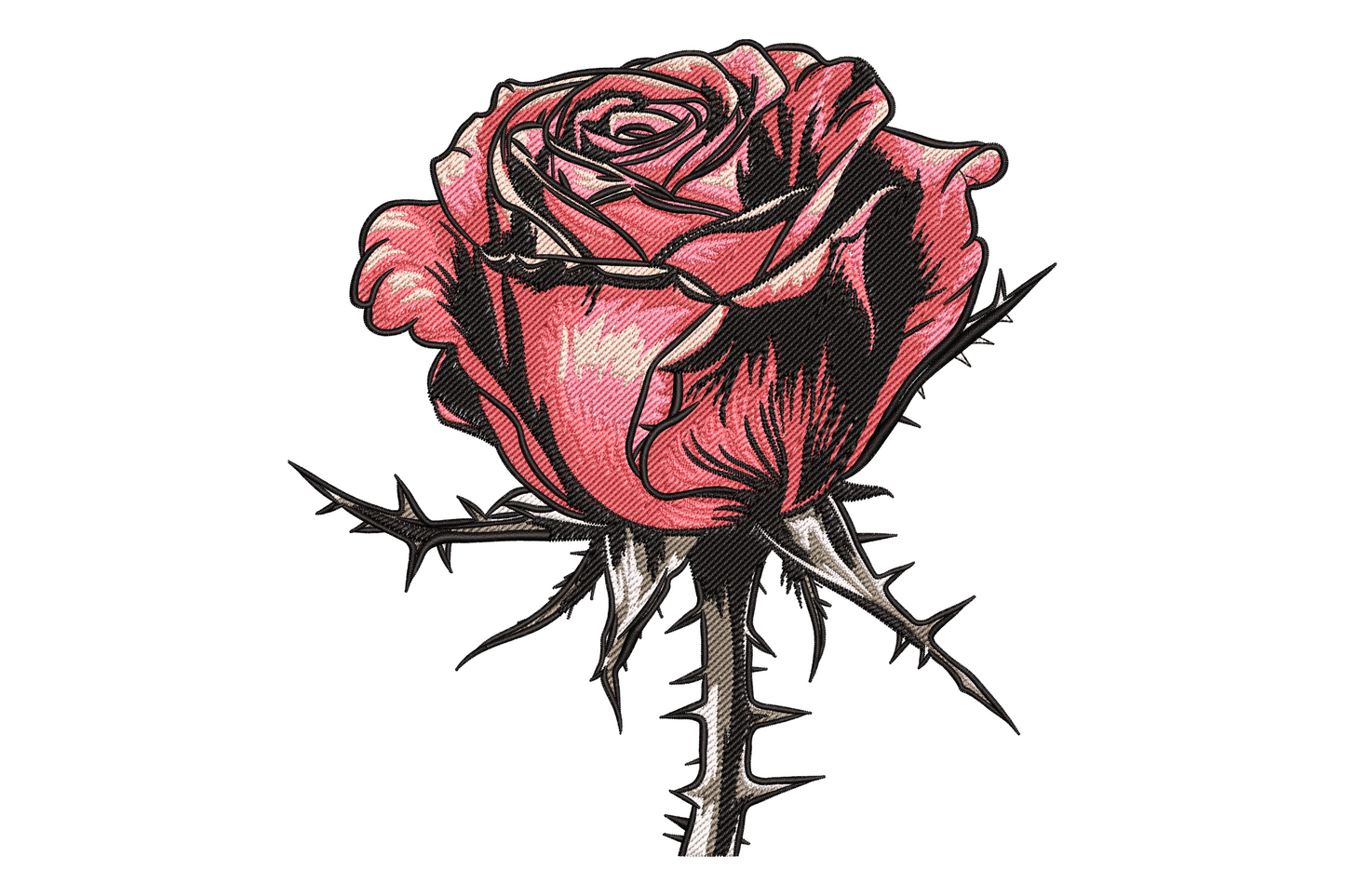 Realistic rose embroidery with layered pink-to-red petals, black crosshatch linework in tattoo-flash style, heavy thorned stem, machine embroidery design on white background